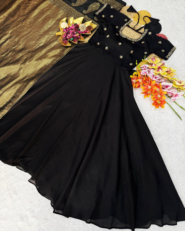 Big Boss Tanuja style Beautiful Maggam Work Gown With Tissue Dupatta