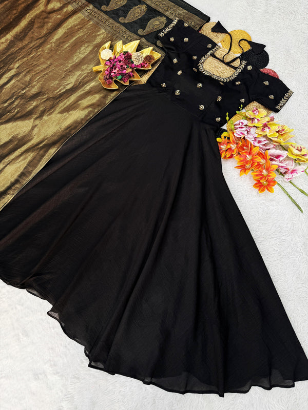 Big Boss Tanuja Style Beautiful Maggam Work Gown with Tissue Dupatta