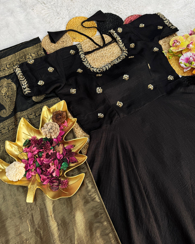 Big Boss Tanuja style Beautiful Maggam Work Gown With Tissue Dupatta