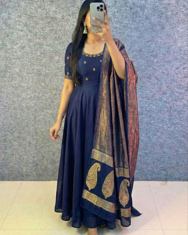 Big Boss Tanuja style Beautiful Maggam Work Gown With Tissue Dupatta