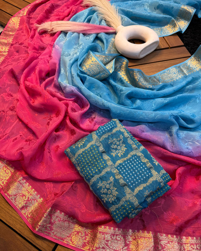 Viscose Chinnon Shaded Saree With Jaqcard Mina Blouse