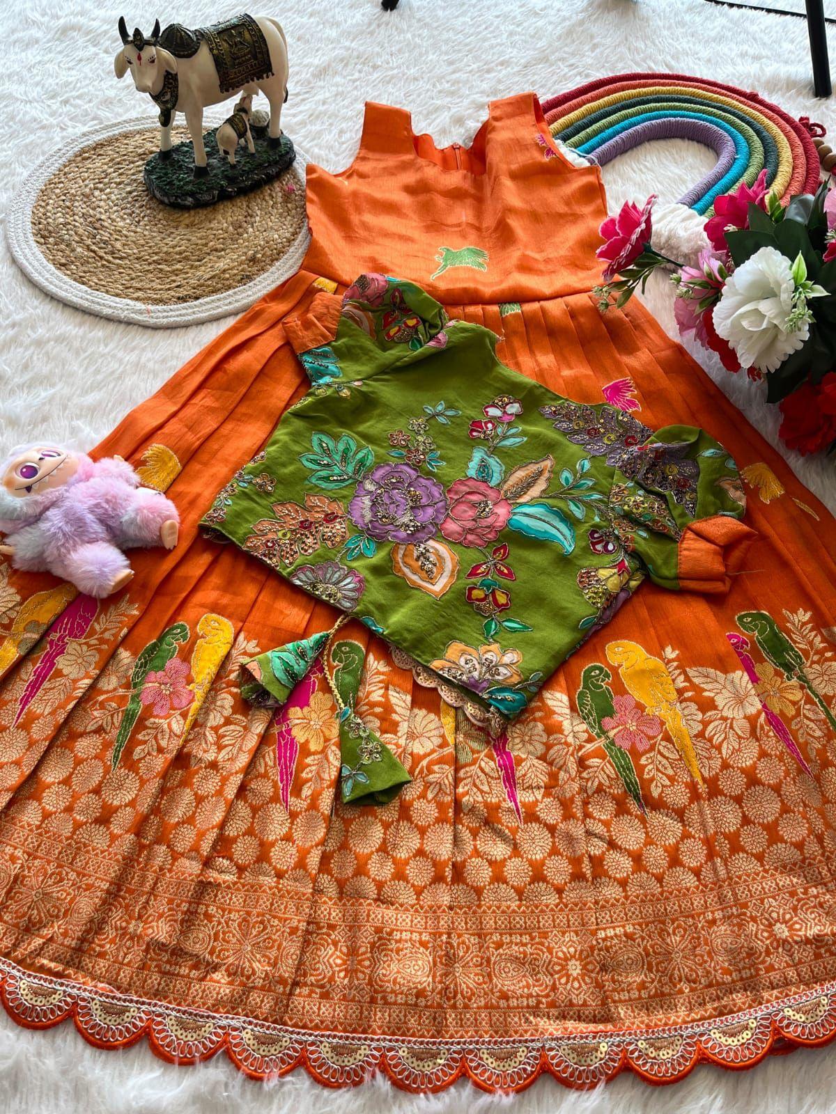 Chiluka Parrot Weaving Kids Gown with Coat