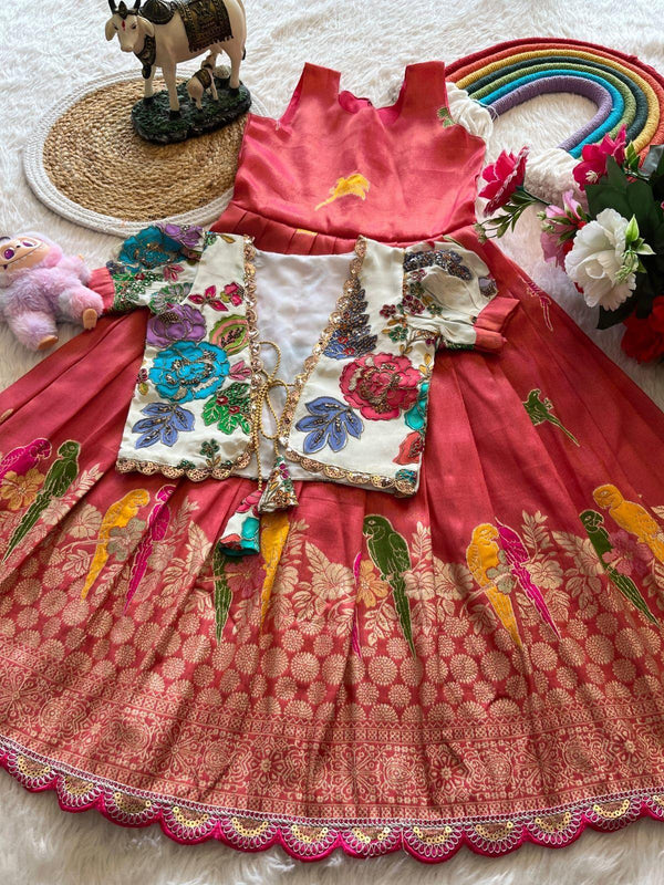 Chiluka Parrot Weaving Kids Gown with Coat