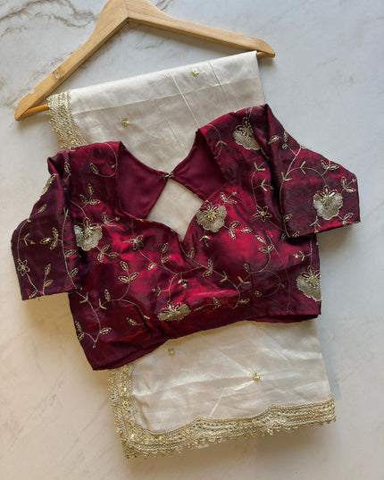 Floral Embroidered Silk Blouse with Ivory Sarees
