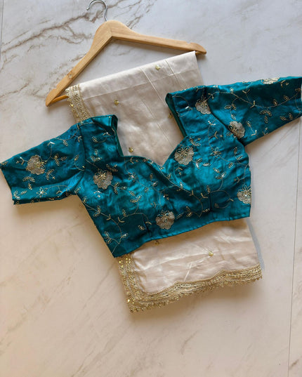 Floral Embroidered Silk Blouse with Ivory Sarees
