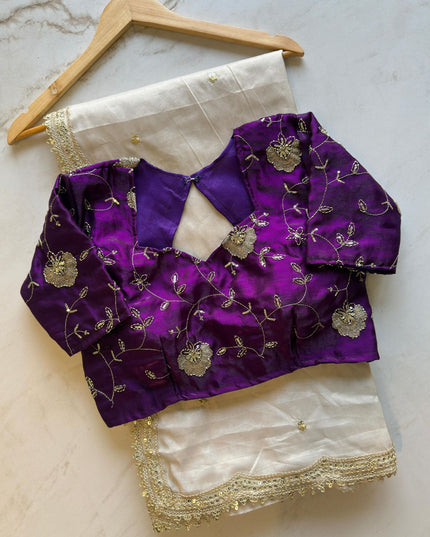 Floral Embroidered Silk Blouse with Ivory Sarees