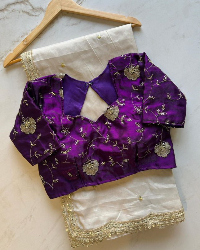 Floral Embroidered Silk Blouse with Ivory Sarees