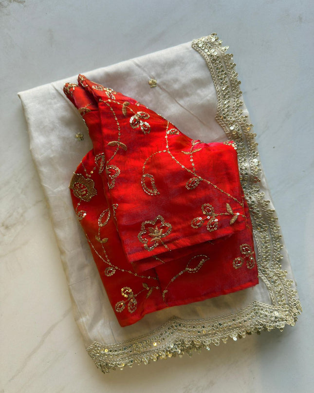Floral Embroidered Silk Blouse with Ivory Sarees