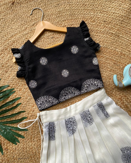 Classic Noir Handblock Crop Top & Skirt Set
