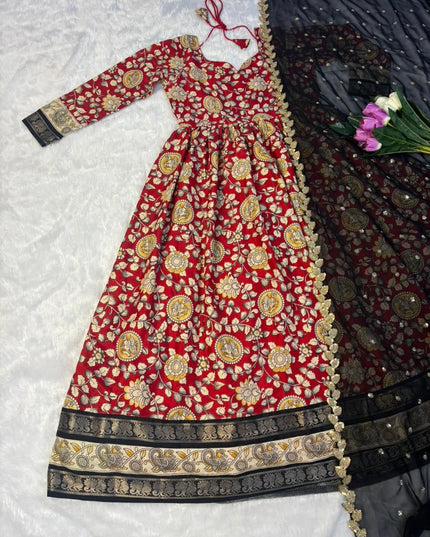 HEAVY SOFT DOLA SILK KALAMKARI PRINTED GOWN
