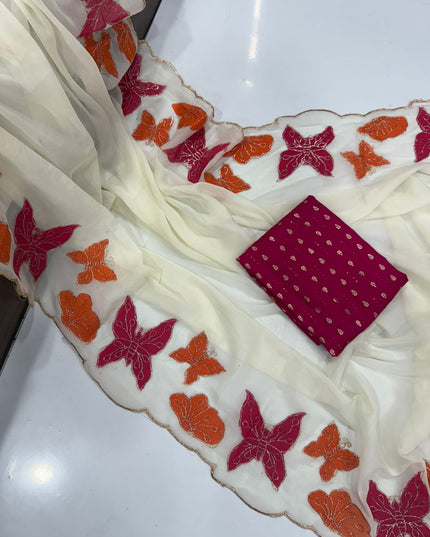 Star Georgette Multi Emrodairy Work And Brush Print Saree