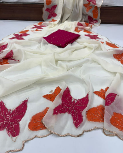 Star Georgette Multi Emrodairy Work And Brush Print Saree