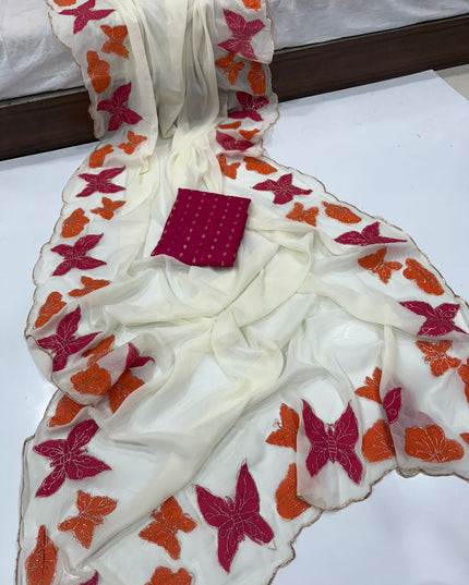 Star Georgette Multi Emrodairy Work And Brush Print Saree