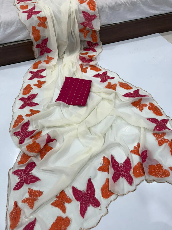 Star Georgette Multi Emrodairy Work and Brush Print Saree
