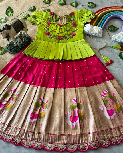 Soft Dola Silk Flamingo Kids Lahenga