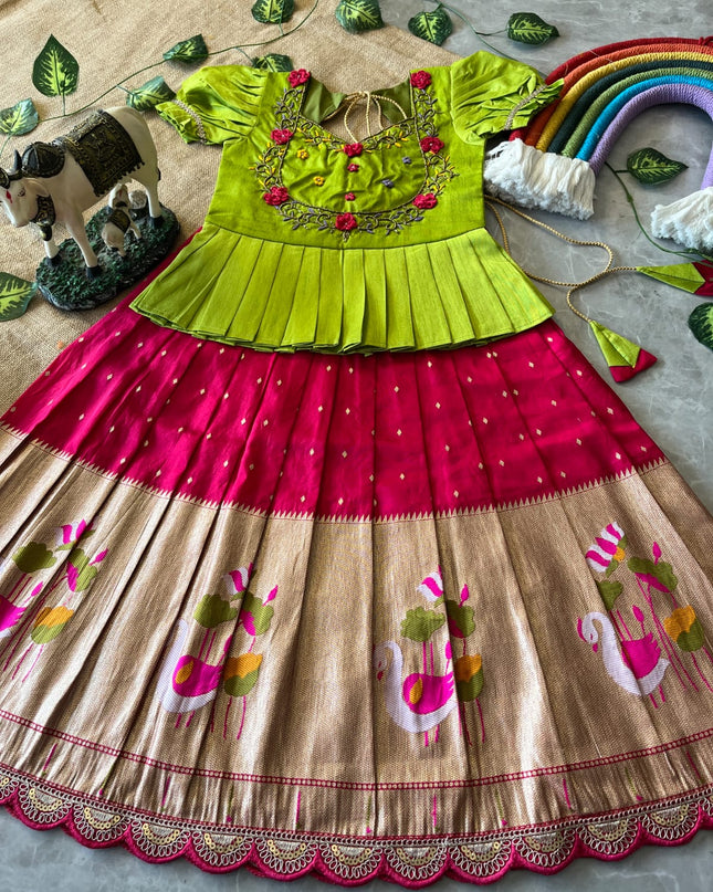 Soft Dola Silk Flamingo Kids Lahenga