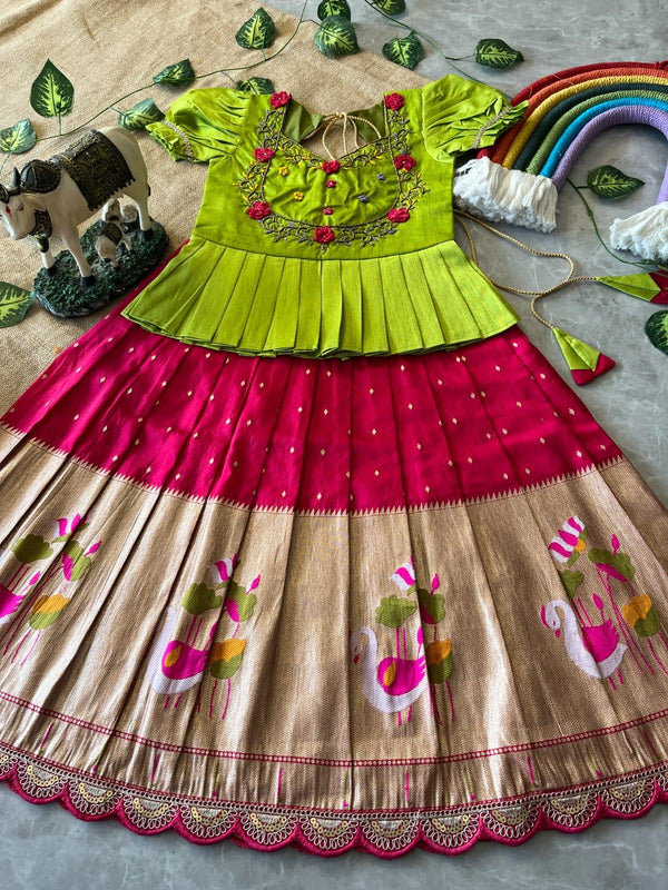 Soft Dola Silk Flamingo Kids Lehenga