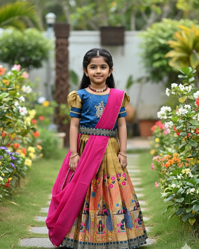 Peacock Design Pattu Pavadai Jacquard Lehenga
