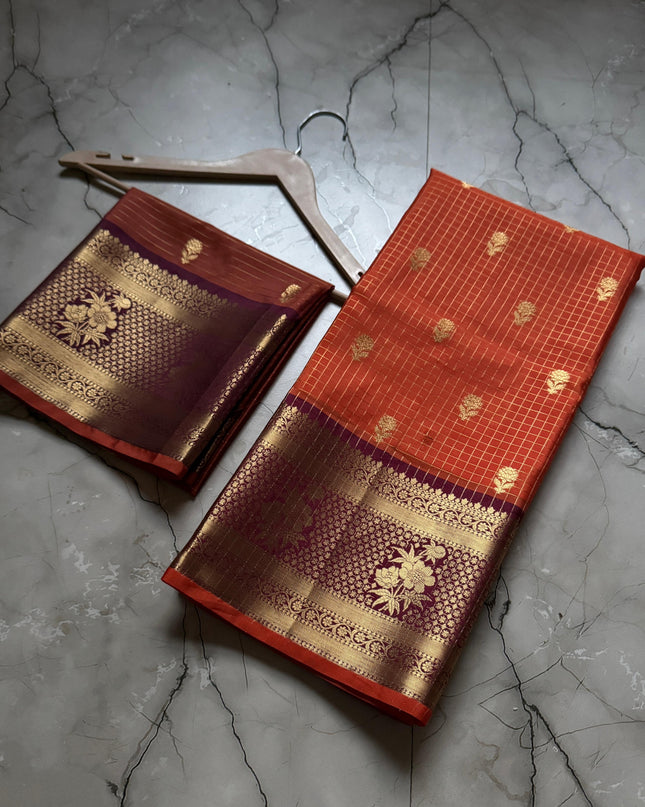 Banarasi Semi Katan Soft Zari Check Buti Silk Saree