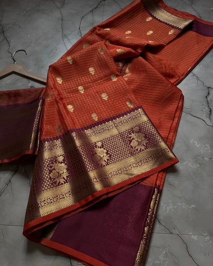 Banarasi Semi Katan Soft Zari Check Buti Silk Saree