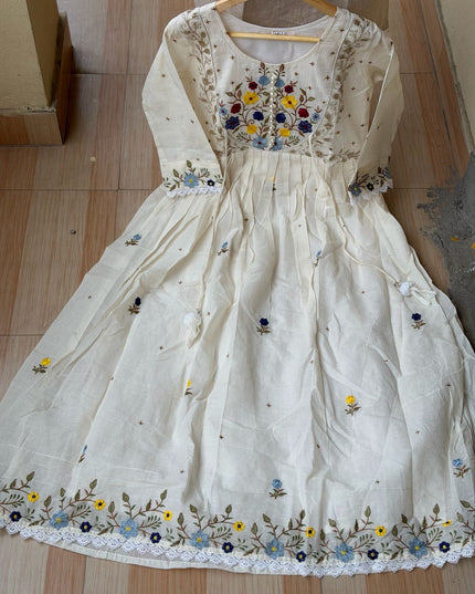 Mull Cotton Embroidery and Pearl Work Dress