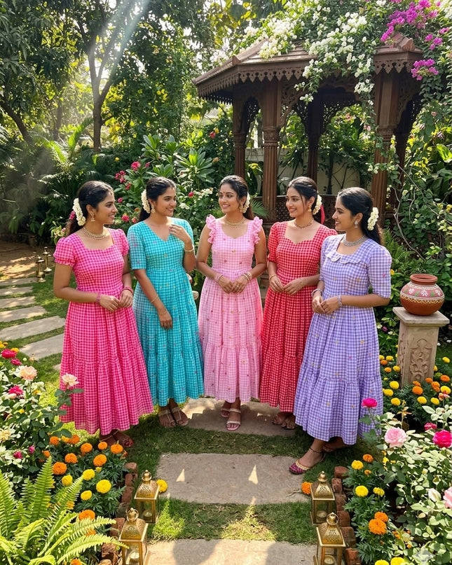 Beautifully Mul Chanderi Stitched Cheks Print Gown