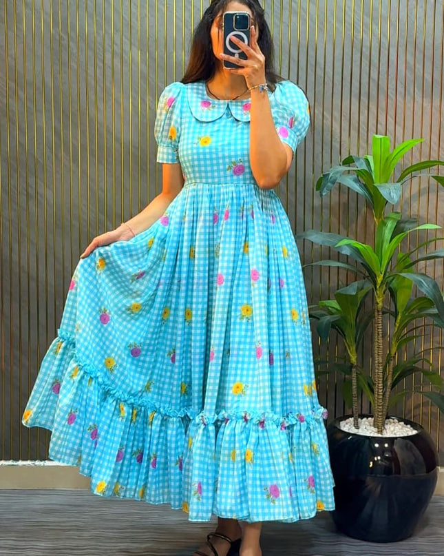 Premium Mul Chanderi Checks Floral Printed Frocks