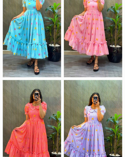 Premium Mul Chanderi Checks Floral Printed Frocks