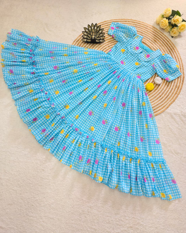 Premium Mul Chanderi Checks Floral Printed Frocks