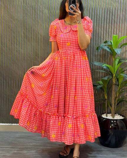 Premium Mul Chanderi Checks Floral Printed Frocks