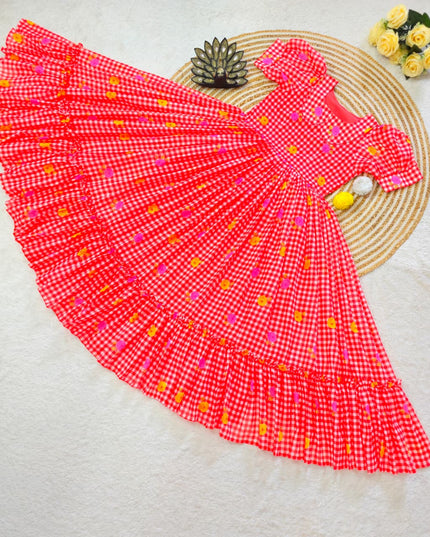 Premium Mul Chanderi Checks Floral Printed Frocks