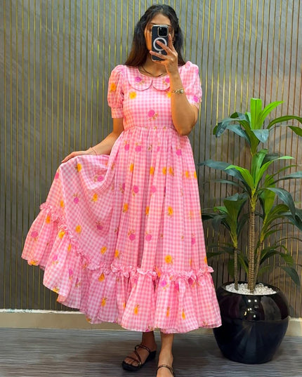 Premium Mul Chanderi Checks Floral Printed Frocks