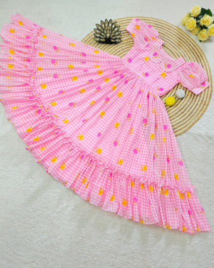 Premium Mul Chanderi Checks Floral Printed Frocks