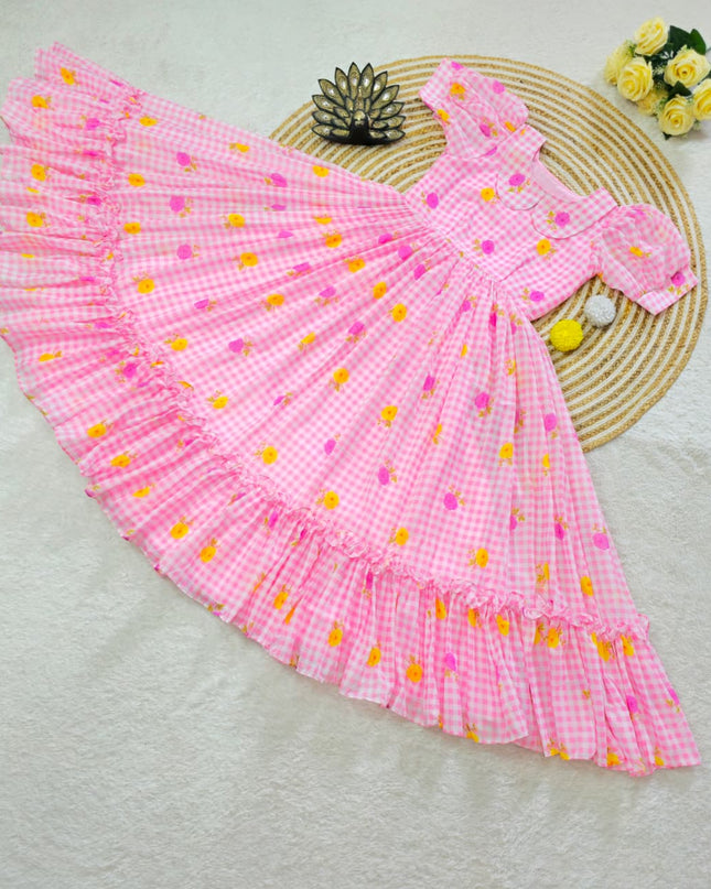 Premium Mul Chanderi Checks Floral Printed Frocks
