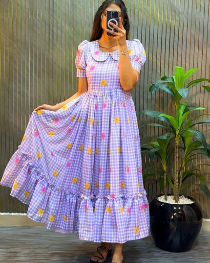 Premium Mul Chanderi Checks Floral Printed Frocks