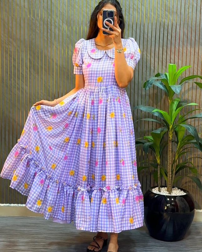 Premium Mul Chanderi Checks Floral Printed Frocks