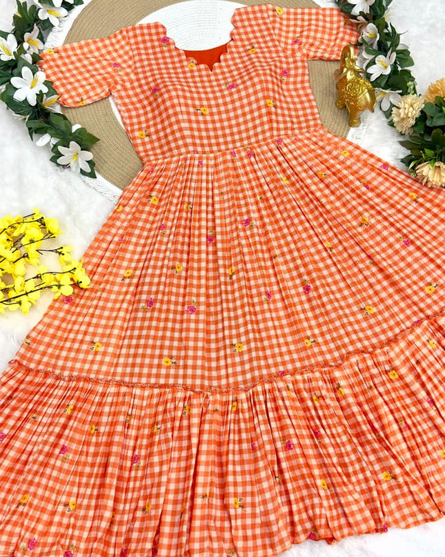 Mul Chanderi Checks Print Midi Frock