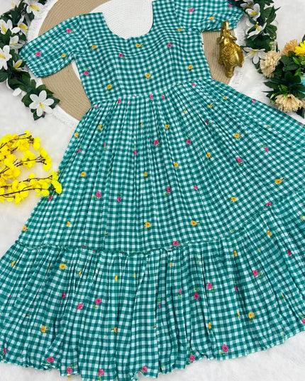 Mul Chanderi Checks Print Midi Frock