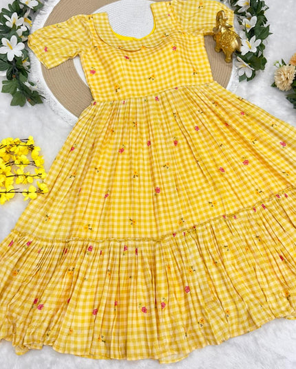 Mul Chanderi Checks Print Midi Frock