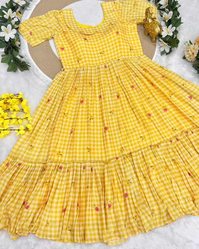 Mul Chanderi Checks Print Midi Frock
