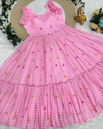 Mul Chanderi Checks Print Midi Frock