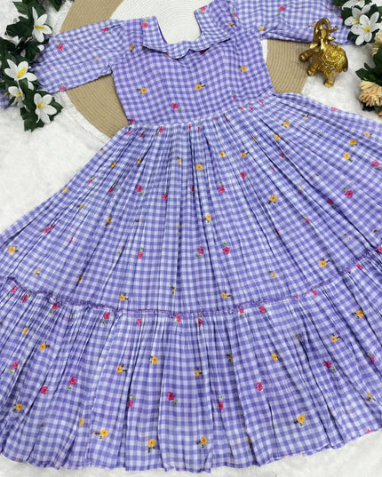 Mul Chanderi Checks Print Midi Frock