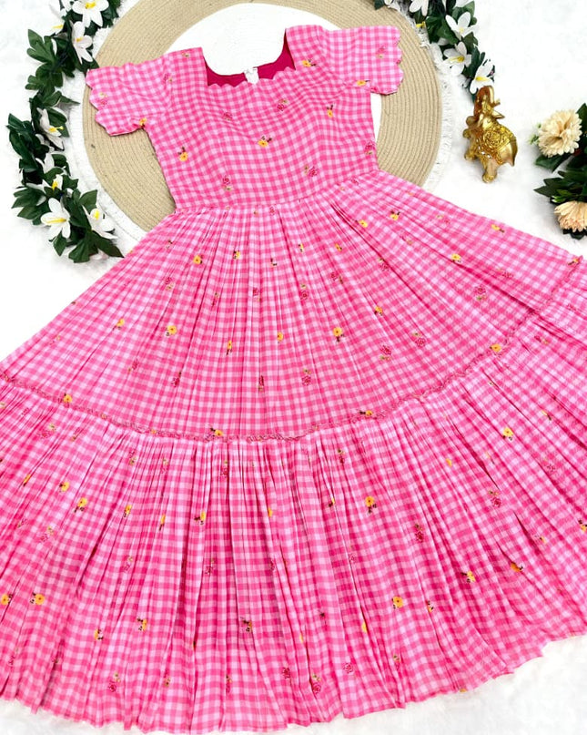 Mul Chanderi Checks Print Midi Frock