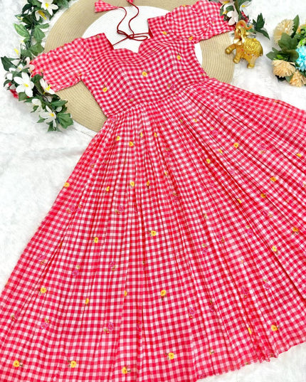 Mul Chanderi Checks Print Midi Frock