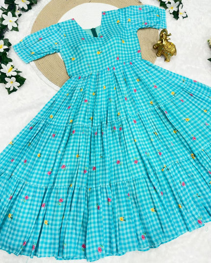 Mul Chanderi Checks Print Midi Frock