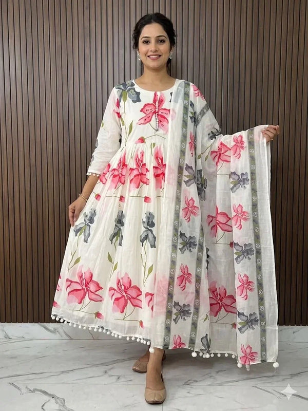 Pure Mul Cotton Anarkali Set