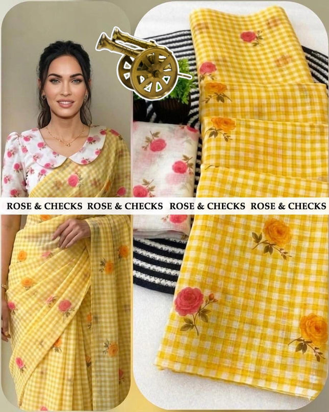 Elegant linen sarees with classic checks & soft rose prints