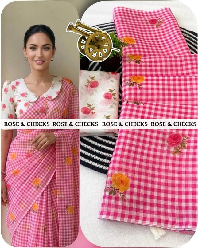 Elegant linen sarees with classic checks & soft rose prints