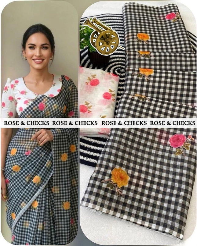 Elegant linen sarees with classic checks & soft rose prints