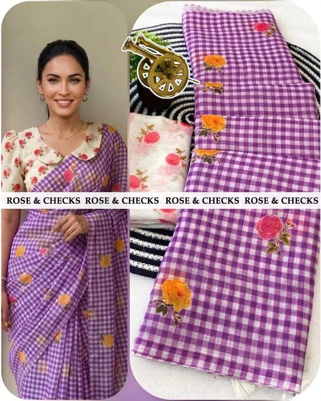 Elegant linen sarees with classic checks & soft rose prints